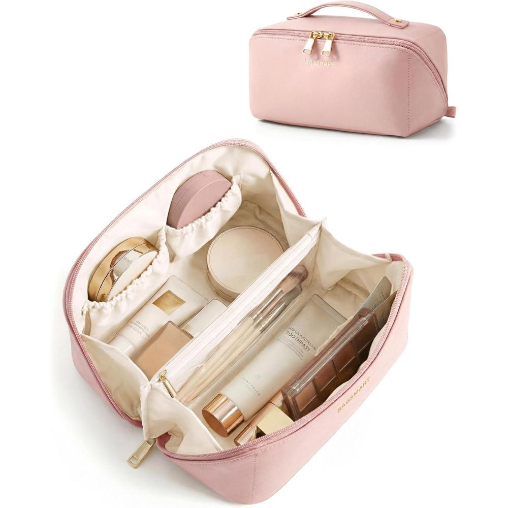 imageBAGSMART Makeup Bag Travel Cosmetic Bag Large Make Up Bag Flat Open Toiletry Bag for Women Waterproof PU Leather Travel Essentials Organizer Case Wideopen Pouch Purse for Skincare Brushes Camel03 Pink