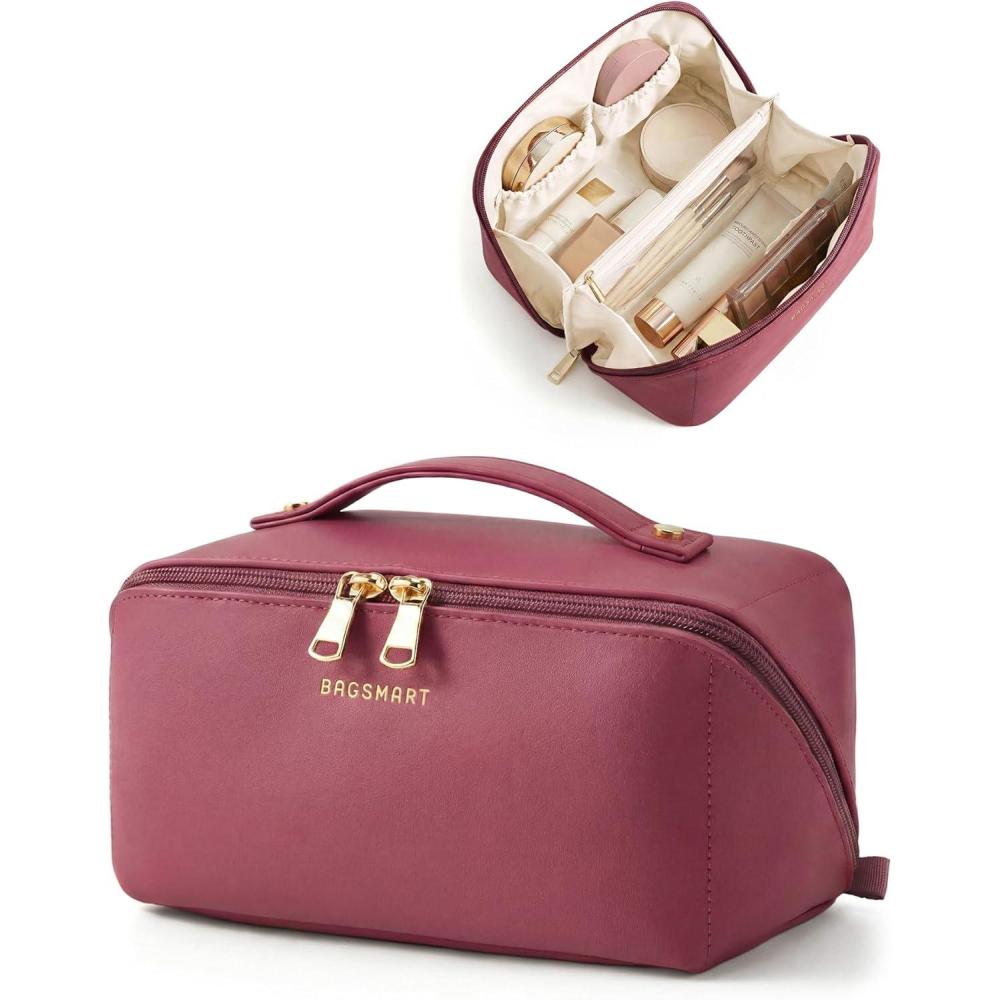 imageBAGSMART Makeup Bag Travel Cosmetic Bag Large Make Up Bag Flat Open Toiletry Bag for Women Waterproof PU Leather Travel Essentials Organizer Case Wideopen Pouch Purse for Skincare Brushes Camel15 Burgundy