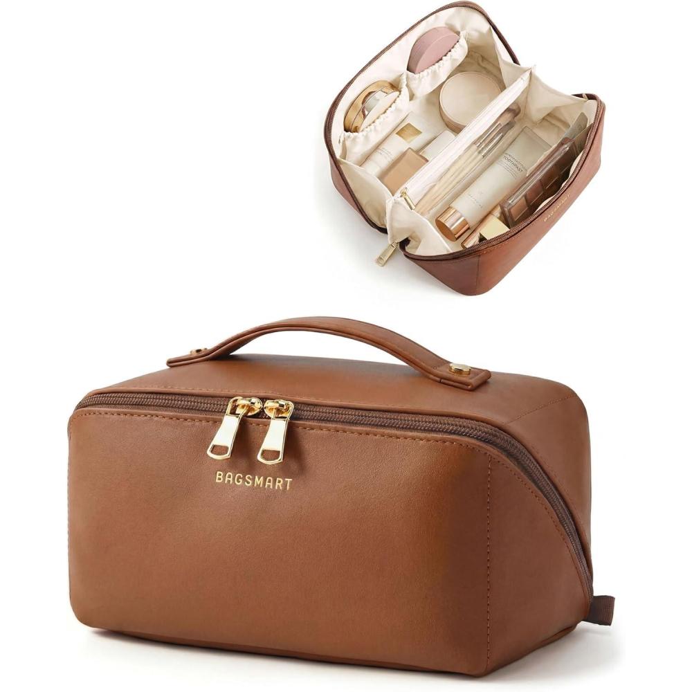 imageBAGSMART Makeup Bag Travel Cosmetic Bag Large Make Up Bag Flat Open Toiletry Bag for Women Waterproof PU Leather Travel Essentials Organizer Case Wideopen Pouch Purse for Skincare Brushes Camel09 Coffee Brown