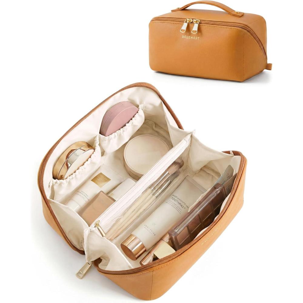 imageBAGSMART Makeup Bag Travel Cosmetic Bag Large Make Up Bag Flat Open Toiletry Bag for Women Waterproof PU Leather Travel Essentials Organizer Case Wideopen Pouch Purse for Skincare Brushes Camel20 Ginger Yellow
