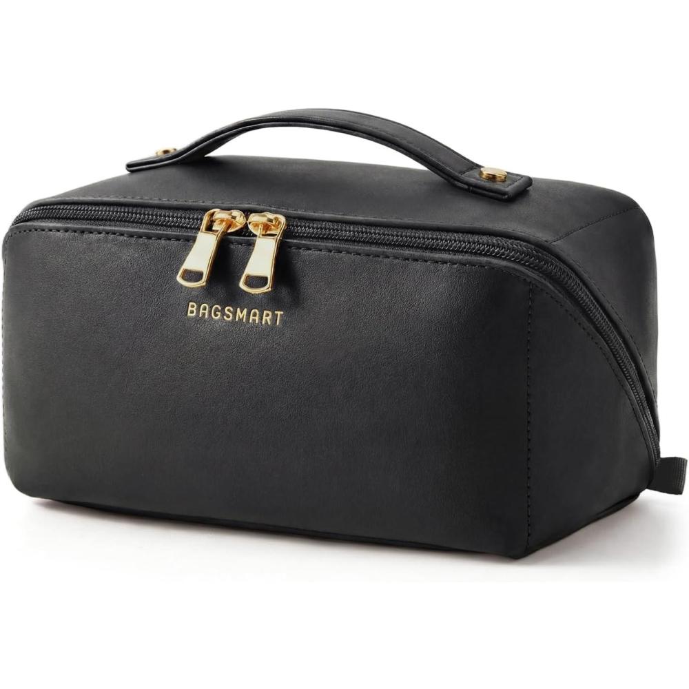 imageBAGSMART Makeup Bag Travel Cosmetic Bag Large Make Up Bag Flat Open Toiletry Bag for Women Waterproof PU Leather Travel Essentials Organizer Case Wideopen Pouch Purse for Skincare Brushes Camel02 Black