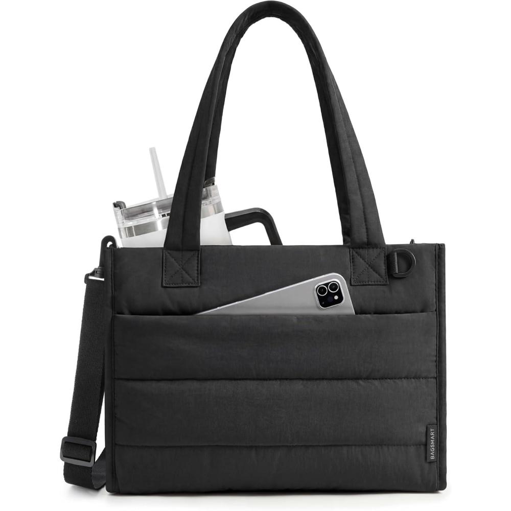 imageBAGSMART Small Tote Bag for Women Puffer Quilted Work Tote Bag Zipper Closure for Work Travel College  Small amp mini tote Lightweight 2 sizes crossbody bag 14 laptop bag crossbody bag teacher bag14lblack