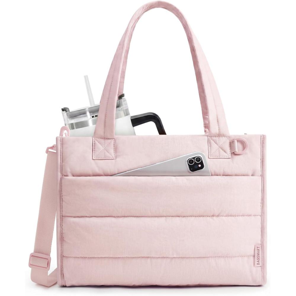 imageBAGSMART Small Tote Bag for Women Puffer Quilted Work Tote Bag Zipper Closure for Work Travel College Small amp mini tote Lightweight 2 sizes crossbody bag 14 laptop bag crossbody bag teacher bag14lpink
