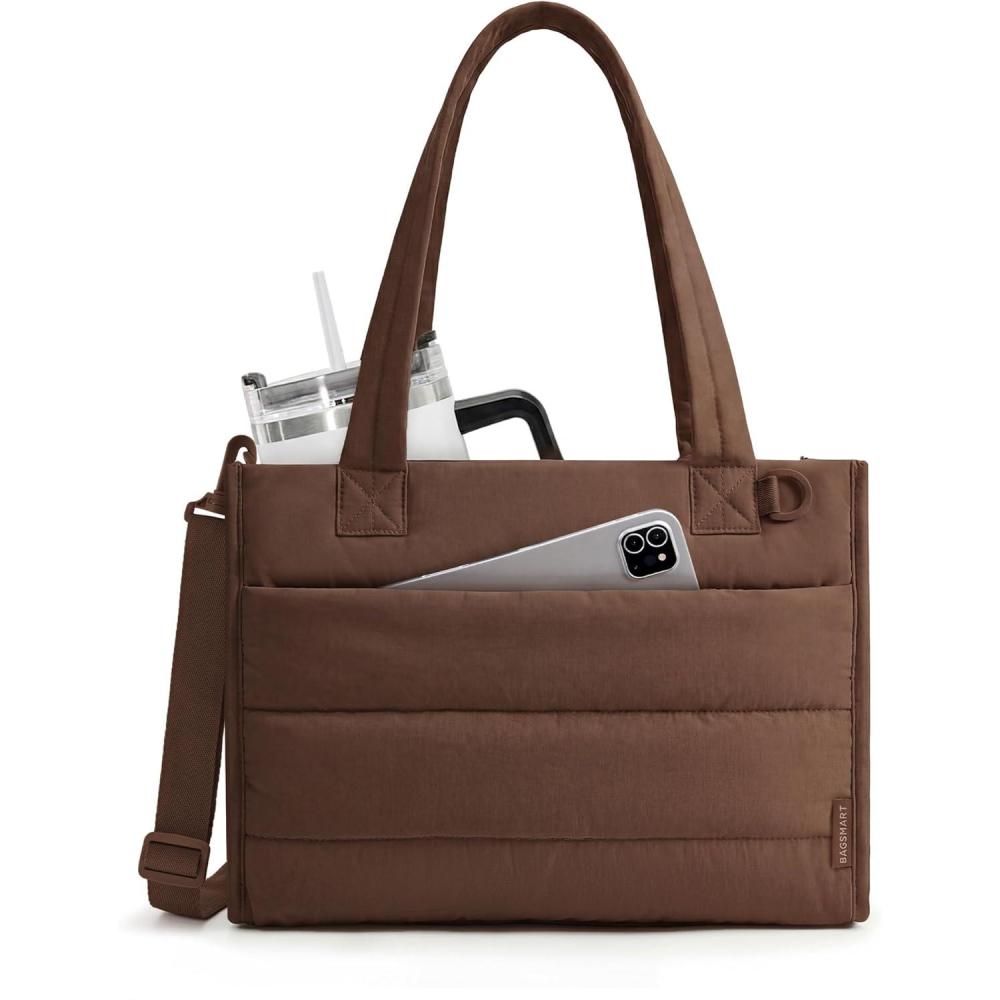 imageBAGSMART Small Tote Bag for Women Puffer Quilted Work Tote Bag Zipper Closure for Work Travel College  Small amp mini tote Lightweight 2 sizes crossbody bag 14 laptop bag crossbody bag teacher bag14lchocolate
