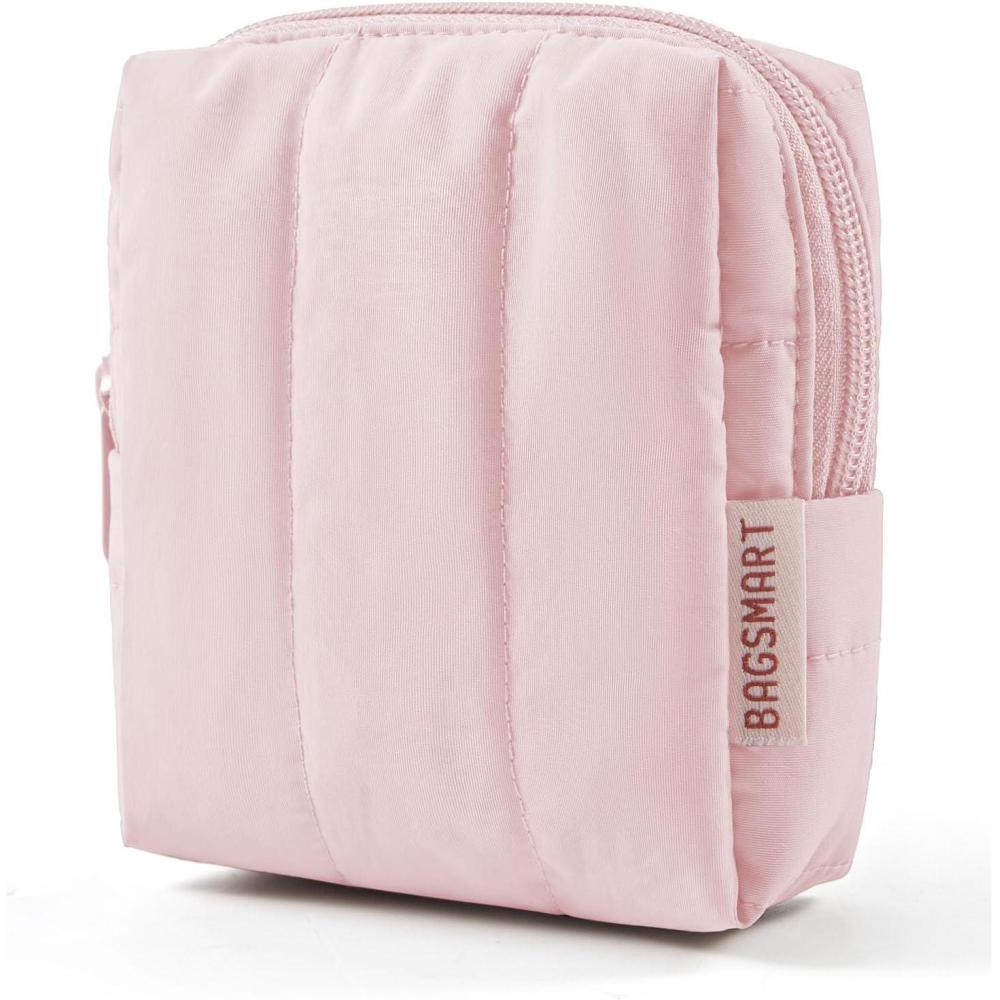 imageBAGSMART Small Travel Makeup Bag for Purse Toiletry Pouch Puffy Padded Mini Cosmetics Bag Cute Make Up Pouch for Women with Slipin Pocket Travel Essentials for Toiletries Baby Pink01Baby Pink