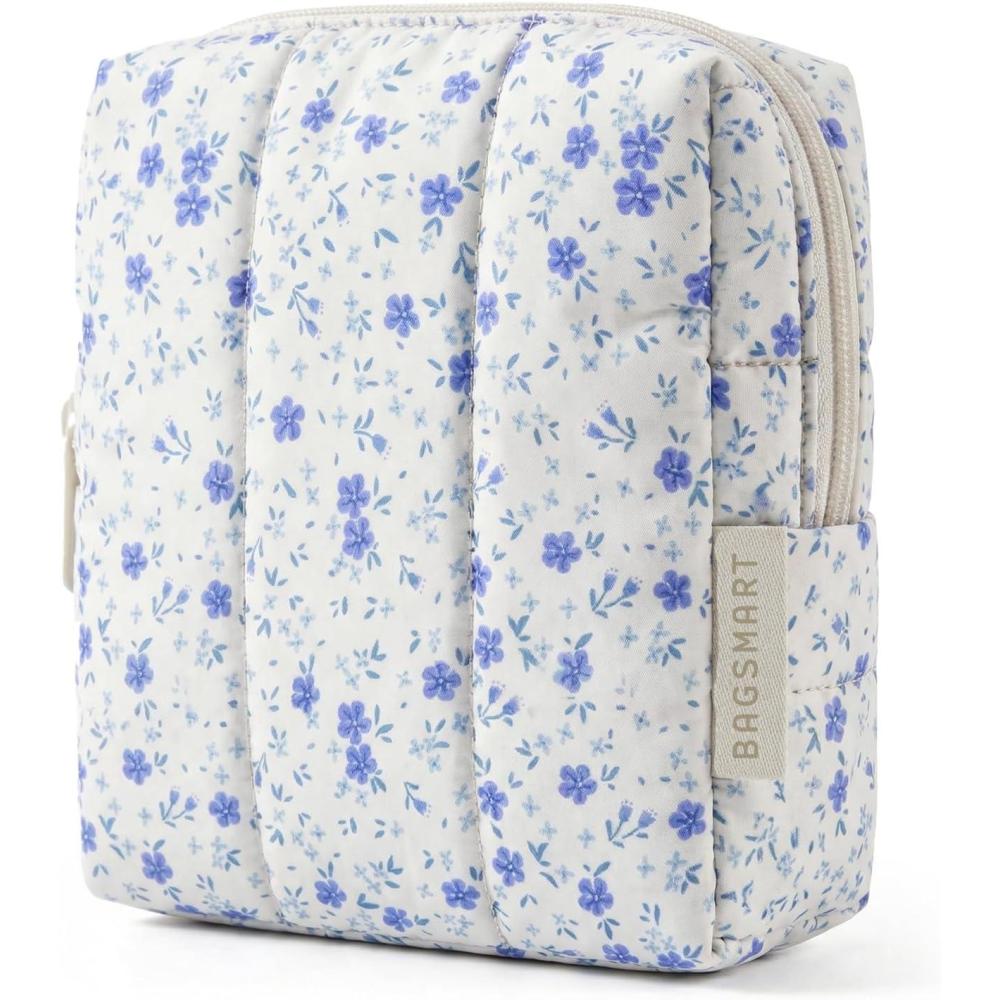 imageBAGSMART Small Travel Makeup Bag for Purse Toiletry Pouch Puffy Padded Mini Cosmetics Bag Cute Make Up Pouch for Women with Slipin Pocket Travel Essentials for Toiletries Baby Pink11Blue Ditsy Floral