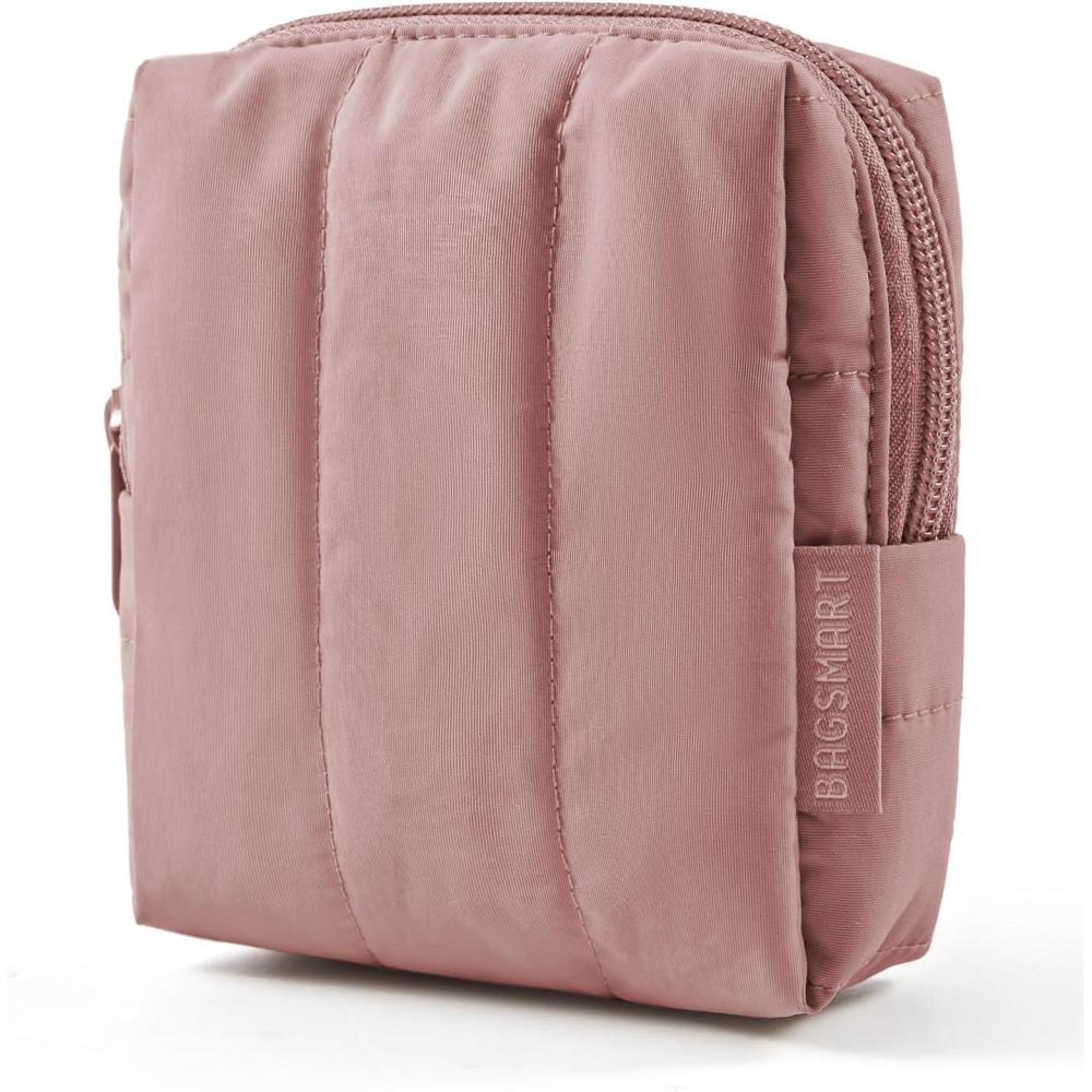 imageBAGSMART Small Travel Makeup Bag for Purse Toiletry Pouch Puffy Padded Mini Cosmetics Bag Cute Make Up Pouch for Women with Slipin Pocket Travel Essentials for Toiletries Baby Pink04Dark Pink