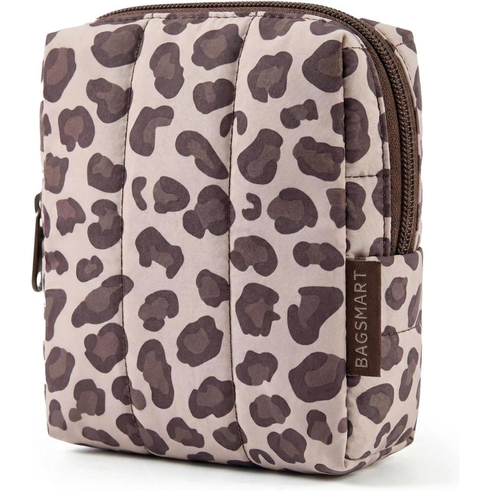 imageBAGSMART Small Travel Makeup Bag for Purse Toiletry Pouch Puffy Padded Mini Cosmetics Bag Cute Make Up Pouch for Women with Slipin Pocket Travel Essentials for Toiletries Baby Pink08Leopard