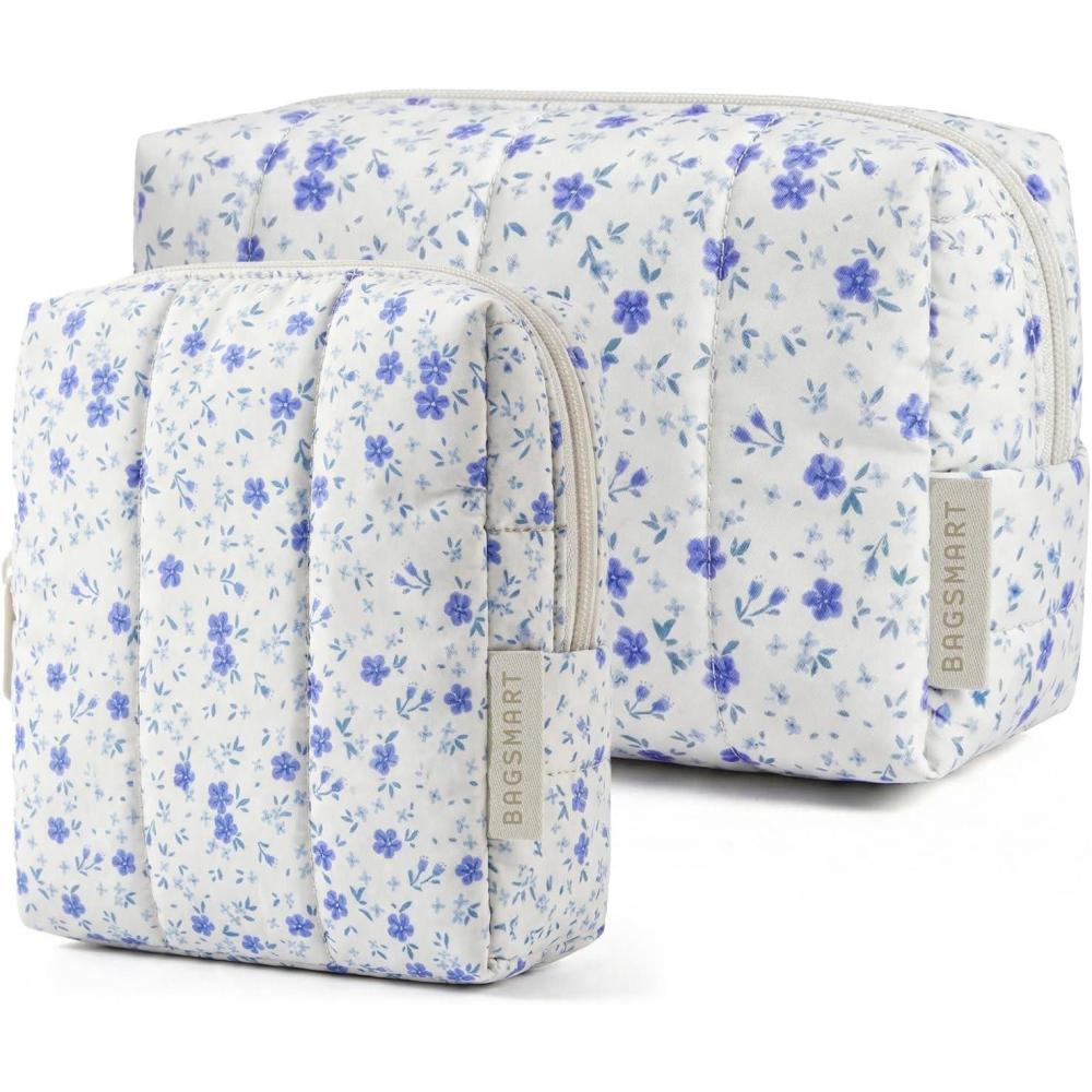 imageBAGSMART Small Travel Makeup Bag for Purse Toiletry Pouch Puffy Padded Mini Cosmetics Bag Cute Make Up Pouch for Women with Slipin Pocket Travel Essentials for Toiletries Baby Pink18Blue Ditsy Floral