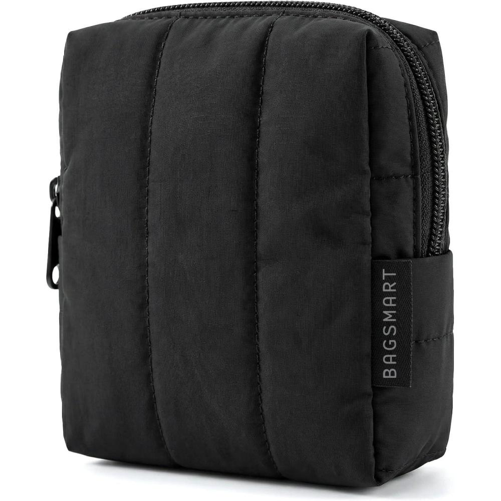 imageBAGSMART Small Travel Makeup Bag for Purse Toiletry Pouch Puffy Padded Mini Cosmetics Bag Cute Make Up Pouch for Women with Slipin Pocket Travel Essentials for Toiletries Baby Pink02Black