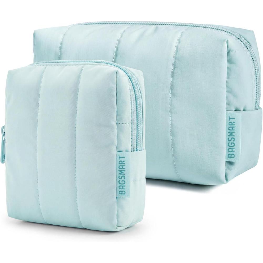 imageBAGSMART Small Travel Makeup Bag for Purse Toiletry Pouch Puffy Padded Mini Cosmetics Bag Cute Make Up Pouch for Women with Slipin Pocket Travel Essentials for Toiletries Baby Pink15Blue