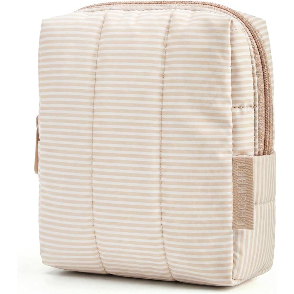 imageBAGSMART Small Travel Makeup Bag for Purse Toiletry Pouch Puffy Padded Mini Cosmetics Bag Cute Make Up Pouch for Women with Slipin Pocket Travel Essentials for Toiletries Baby Pink10Khaki Strip