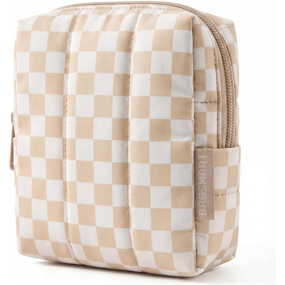 imageBAGSMART Small Travel Makeup Bag for Purse Toiletry Pouch Puffy Padded Mini Cosmetics Bag Cute Make Up Pouch for Women with Slipin Pocket Travel Essentials for Toiletries Baby Pink09Checkered Khaki