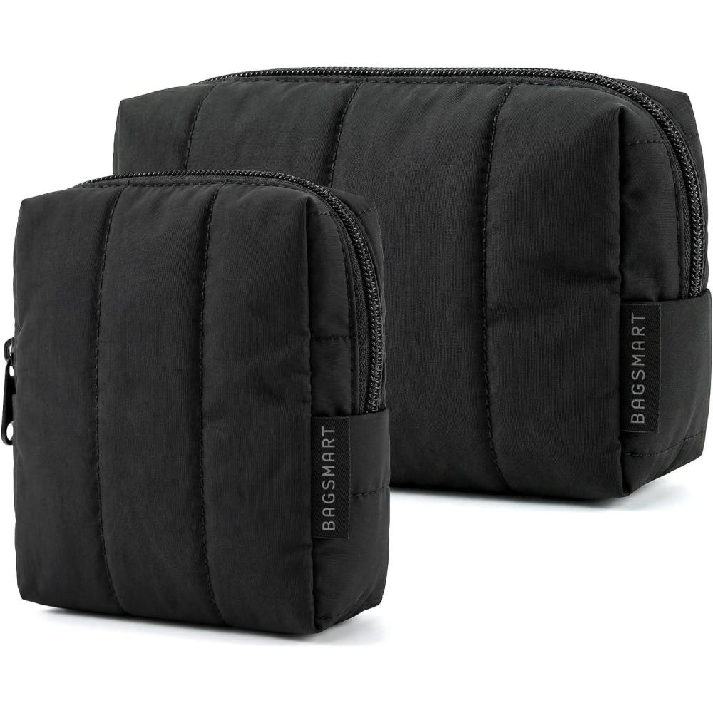 imageBAGSMART Small Travel Makeup Bag for Purse Toiletry Pouch Puffy Padded Mini Cosmetics Bag Cute Make Up Pouch for Women with Slipin Pocket Travel Essentials for Toiletries Baby Pink13Black