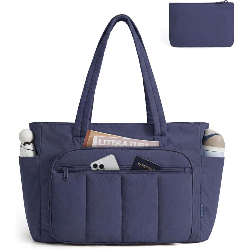 imageBAGSMART Tote Bag for Women 2 Set Puffer Tote Bag with Zipper Quilted Nurse Handbags for Work Travel College  20L Capacity 156 Laptop Bag with Cosmetic Bag Carry on Bag Nurse Gym BagNavy
