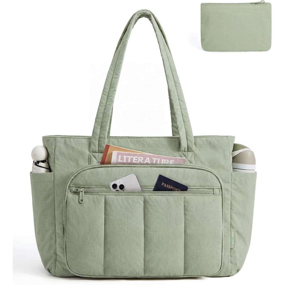 imageBAGSMART Tote Bag for Women 2 Set Puffer Tote Bag with Zipper Quilted Nurse Handbags for Work Travel College 20L Capacity 156 Laptop Bag with Cosmetic Bag Carry on Bag Nurse Gym BagGreen