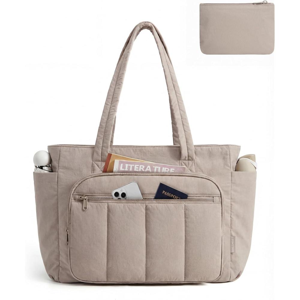 imageBAGSMART Tote Bag for Women 2 Set Puffer Tote Bag with Zipper Quilted Nurse Handbags for Work Travel College 20L Capacity 156 Laptop Bag with Cosmetic Bag Carry on Bag Nurse Gym BagCamel