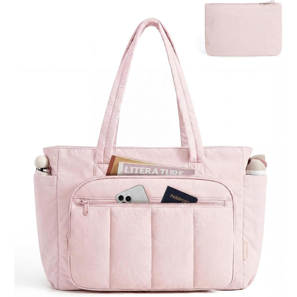 imageBAGSMART Tote Bag for Women 2 Set Puffer Tote Bag with Zipper Quilted Nurse Handbags for Work Travel College  20L Capacity 156 Laptop Bag with Cosmetic Bag Carry on Bag Nurse Gym BagPink