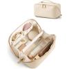 BAGSMART Makeup Bag Travel Cosmetic Bag, Large Make Up Bag Flat Open Toiletry Bag for Women, Waterproof PU Leather Travel Essentials Organizer Case, Wide-open Pouch Purse for Skincare, Brushes, Camel(10- Cream Beige)