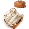 BAGSMART Makeup Bag Travel Cosmetic Bag, Large Make Up Bag Flat Open Toiletry Bag for Women, Waterproof PU Leather Travel Essentials Organizer Case, Wide-open Pouch Purse for Skincare, Brushes, Camel(14- Vintage Brown)