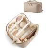BAGSMART Makeup Bag Travel Cosmetic Bag, Large Make Up Bag Flat Open Toiletry Bag for Women, Waterproof PU Leather Travel Essentials Organizer Case, Wide-open Pouch Purse for Skincare, Brushes, Camel(05- Camel)
