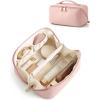 BAGSMART Makeup Bag Travel Cosmetic Bag, Large Make Up Bag Flat Open Toiletry Bag for Women, Waterproof PU Leather Travel Essentials Organizer Case, Wide-open Pouch Purse for Skincare, Brushes, Camel(03- Pink)