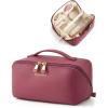 BAGSMART Makeup Bag Travel Cosmetic Bag, Large Make Up Bag Flat Open Toiletry Bag for Women, Waterproof PU Leather Travel Essentials Organizer Case, Wide-open Pouch Purse for Skincare, Brushes, Camel(15- Burgundy)
