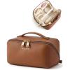 BAGSMART Makeup Bag Travel Cosmetic Bag, Large Make Up Bag Flat Open Toiletry Bag for Women, Waterproof PU Leather Travel Essentials Organizer Case, Wide-open Pouch Purse for Skincare, Brushes, Camel(09- Coffee Brown)