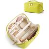 BAGSMART Makeup Bag Travel Cosmetic Bag, Large Make Up Bag Flat Open Toiletry Bag for Women, Waterproof PU Leather Travel Essentials Organizer Case, Wide-open Pouch Purse for Skincare, Brushes, Camel(18- Light Green)