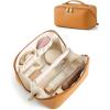 BAGSMART Makeup Bag Travel Cosmetic Bag, Large Make Up Bag Flat Open Toiletry Bag for Women, Waterproof PU Leather Travel Essentials Organizer Case, Wide-open Pouch Purse for Skincare, Brushes, Camel(20- Ginger Yellow)