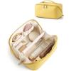 BAGSMART Makeup Bag Travel Cosmetic Bag, Large Make Up Bag Flat Open Toiletry Bag for Women, Waterproof PU Leather Travel Essentials Organizer Case, Wide-open Pouch Purse for Skincare, Brushes, Camel(19- Yellow)