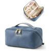 BAGSMART Makeup Bag Travel Cosmetic Bag, Large Make Up Bag Flat Open Toiletry Bag for Women, Waterproof PU Leather Travel Essentials Organizer Case, Wide-open Pouch Purse for Skincare, Brushes, Camel(21- Vintage Denim Blue)