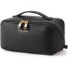 BAGSMART Makeup Bag Travel Cosmetic Bag, Large Make Up Bag Flat Open Toiletry Bag for Women, Waterproof PU Leather Travel Essentials Organizer Case, Wide-open Pouch Purse for Skincare, Brushes, Camel(02- Black)