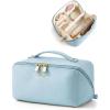 BAGSMART Makeup Bag Travel Cosmetic Bag, Large Make Up Bag Flat Open Toiletry Bag for Women, Waterproof PU Leather Travel Essentials Organizer Case, Wide-open Pouch Purse for Skincare, Brushes, Camel(12- Sky Blue)