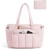 BAGSMART Tote Bag for Women, 2 Set Puffer Tote Bag with Zipper, Quilted Nurse Handbags for Work Travel College | 20L Capacity, 15.6” Laptop Bag, with Cosmetic Bag, Carry on Bag, Nurse Gym Bag(Pink)