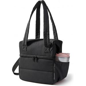 BAGSMART Double Deck Lunch Bag Women, Insulated Reusable Lunch Box, Quilted Puffer Lunch Tote with Shoulder Strap, Durable Large Lunch Cooler For Work Picnic Travel Meal Prep Flight, Camel(Black)