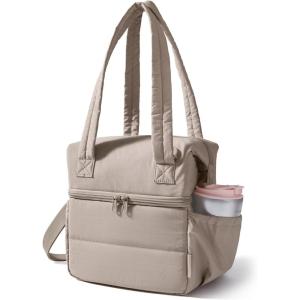 BAGSMART Double Deck Lunch Bag Women, Insulated Reusable Lunch Box, Quilted Puffer Lunch Tote with Shoulder Strap, Durable Large Lunch Cooler For Work Picnic Travel Meal Prep Flight, Camel(Camel)
