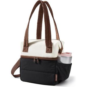 BAGSMART Double Deck Lunch Bag Women, Insulated Reusable Lunch Box, Quilted Puffer Lunch Tote with Shoulder Strap, Durable Large Lunch Cooler For Work Picnic Travel Meal Prep Flight, Camel(Beige + Black)