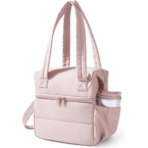 BAGSMART Double Deck Lunch Bag Women, Insulated Reusable Lunch Box, Quilted Puffer Lunch Tote with Shoulder Strap, Durable Large Lunch Cooler For Work Picnic Travel Meal Prep Flight, Camel(Pink)