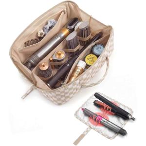 BAGSMART Hair Tool Organizer Travel Bag Compatible with Dyson Airwrap, Shark Hair Dryer, Wide-open Accessories Organizer with Heat Resistant Mat, Makeup Bag for Dyson Attachments, Curling Iron, Brown(Khaki Brown Checkered Print)