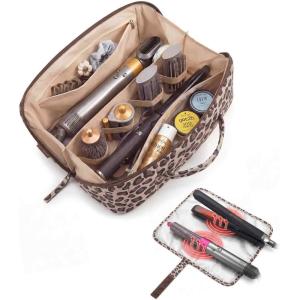 BAGSMART Hair Tool Organizer Travel Bag Compatible with Dyson Airwrap, Shark Hair Dryer, Wide-open Accessories Organizer with Heat Resistant Mat, Makeup Bag for Dyson Attachments, Curling Iron, Brown(Leopard Print)