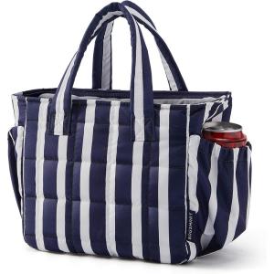 BAGSMART Lunch Bag for Women Small Cute Quilted Lunch Box Insulated Lightweight, Leakproof, Durable & Reusable Tote Bag for Work, Travel, Outdoor, Brown(Blue Striped)