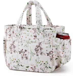BAGSMART Lunch Bag for Women Small Cute Quilted Lunch Box Insulated Lightweight, Leakproof, Durable & Reusable Tote Bag for Work, Travel, Outdoor, Brown(Floral Print)