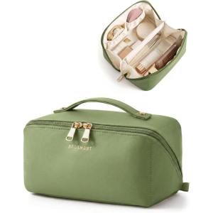 BAGSMART Makeup Bag Travel Cosmetic Bag, Large Make Up Bag Flat Open Toiletry Bag for Women, Waterproof PU Leather Travel Essentials Organizer Case, Wide-open Pouch Purse for Skincare, Brushes, Camel(17- Dark Green)