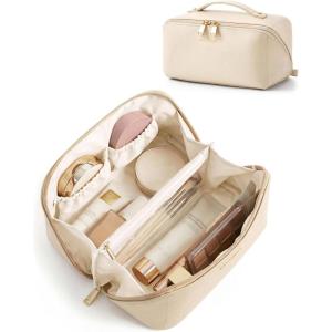 BAGSMART Makeup Bag Travel Cosmetic Bag, Large Make Up Bag Flat Open Toiletry Bag for Women, Waterproof PU Leather Travel Essentials Organizer Case, Wide-open Pouch Purse for Skincare, Brushes, Camel(10- Cream Beige)