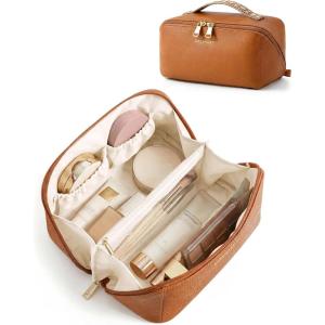 BAGSMART Makeup Bag Travel Cosmetic Bag, Large Make Up Bag Flat Open Toiletry Bag for Women, Waterproof PU Leather Travel Essentials Organizer Case, Wide-open Pouch Purse for Skincare, Brushes, Camel(14- Vintage Brown)
