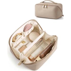 BAGSMART Makeup Bag Travel Cosmetic Bag, Large Make Up Bag Flat Open Toiletry Bag for Women, Waterproof PU Leather Travel Essentials Organizer Case, Wide-open Pouch Purse for Skincare, Brushes, Camel(05- Camel)