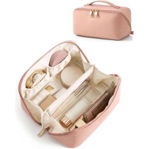 BAGSMART Makeup Bag Travel Cosmetic Bag, Large Make Up Bag Flat Open Toiletry Bag for Women, Waterproof PU Leather Travel Essentials Organizer Case, Wide-open Pouch Purse for Skincare, Brushes, Camel(04- Nude Pink)