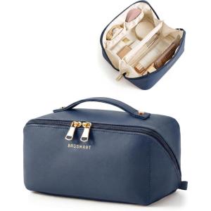 BAGSMART Makeup Bag Travel Cosmetic Bag, Large Make Up Bag Flat Open Toiletry Bag for Women, Waterproof PU Leather Travel Essentials Organizer Case, Wide-open Pouch Purse for Skincare, Brushes, Camel(13- Deep Navy)