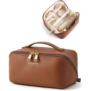 BAGSMART Makeup Bag Travel Cosmetic Bag, Large Make Up Bag Flat Open Toiletry Bag for Women, Waterproof PU Leather Travel Essentials Organizer Case, Wide-open Pouch Purse for Skincare, Brushes, Camel(09- Coffee Brown)